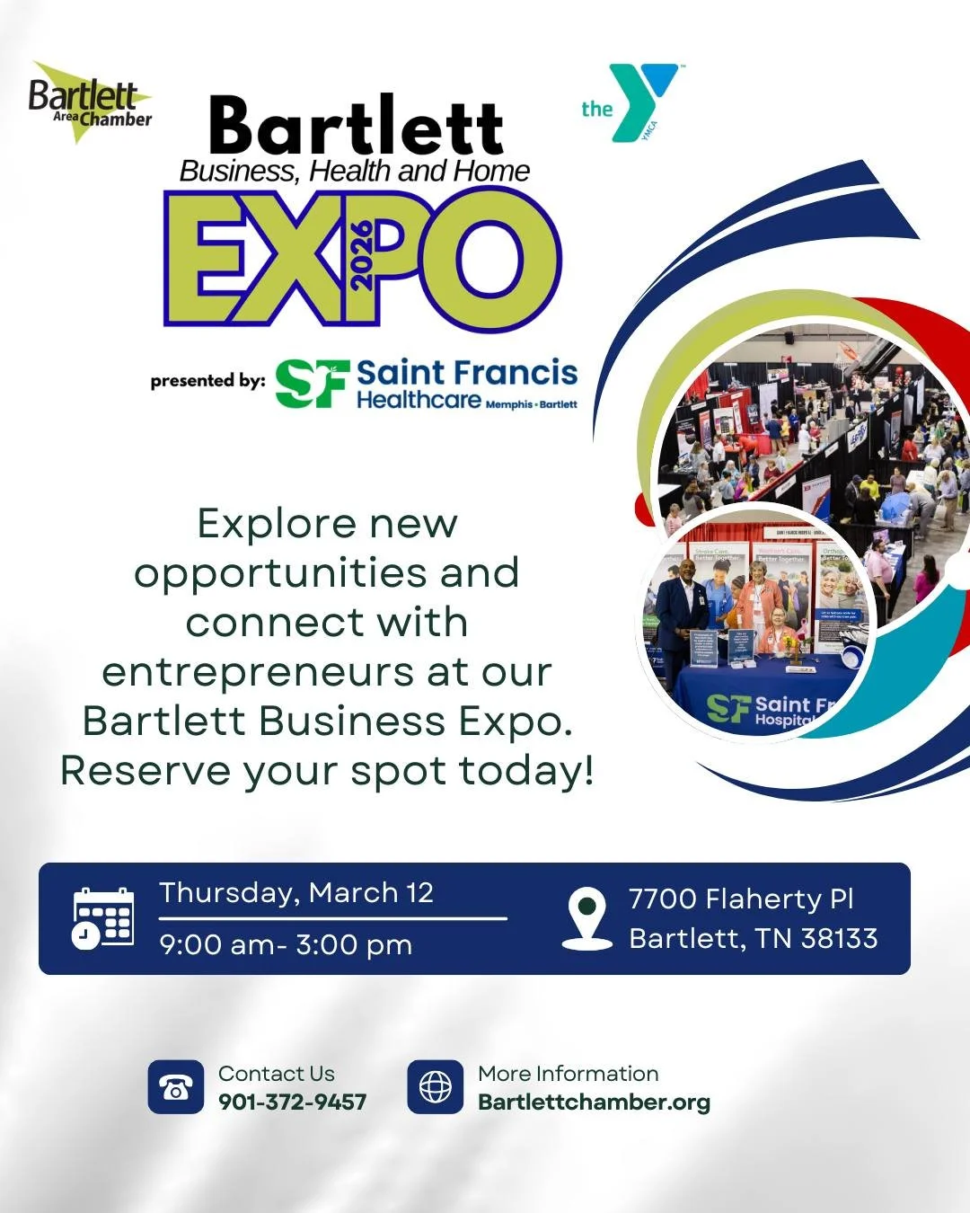 It is T-1 week until the Bartlett Business, Health and Home EXPO!

The EXPO is Thursday, March 12 from 9:00am-3:00pm at the Bartlett YMCA.  We would love for you to come out to this free event to see a variety of businesses we have to offer here in B