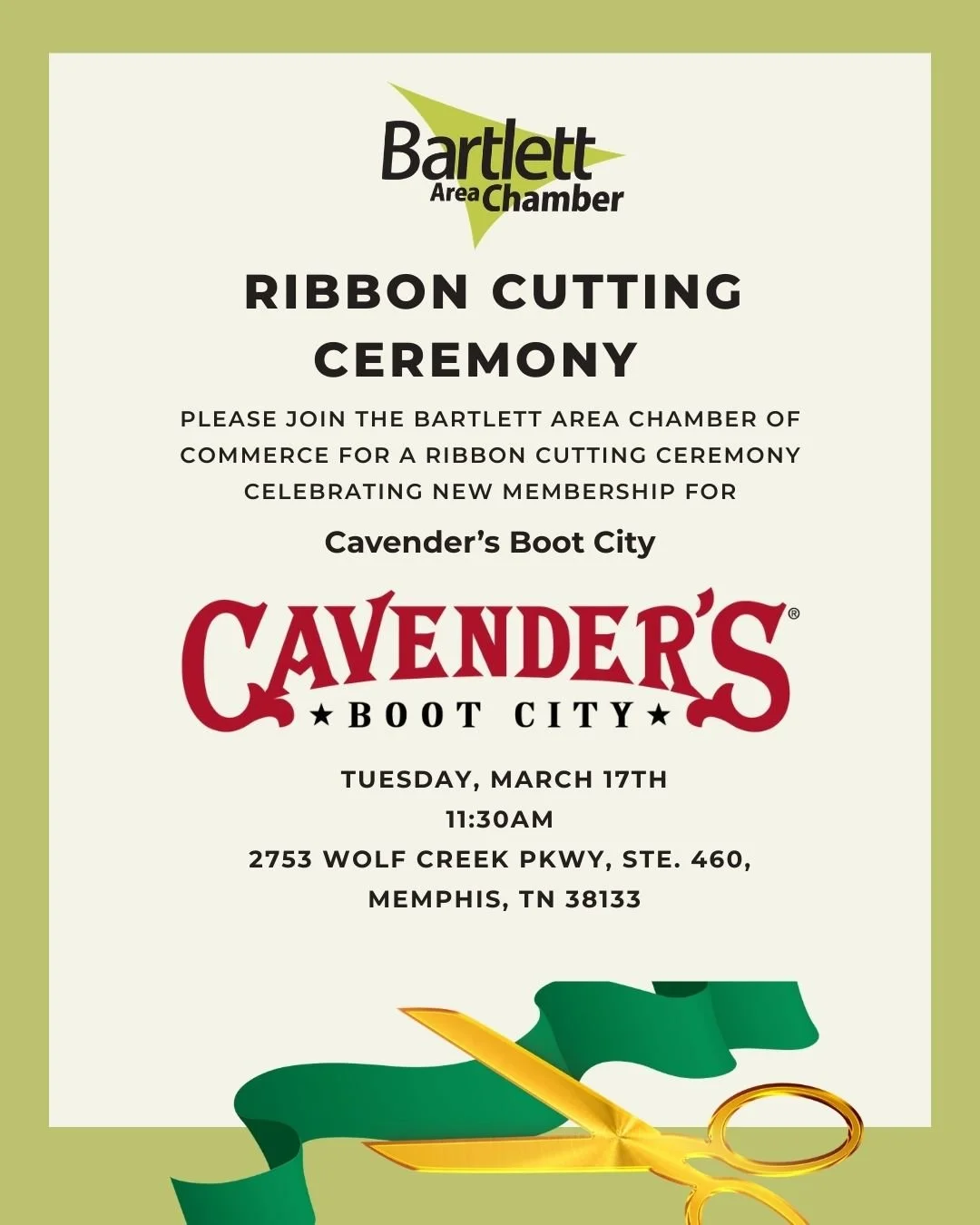 Looking for a reason to get out, support local, and make new connections? Join us on Tuesday, March 17 to celebrate a new membership for Cavender's Boot City.
Meet fellow community members and make a few new connections&mdash;you never know who you&r