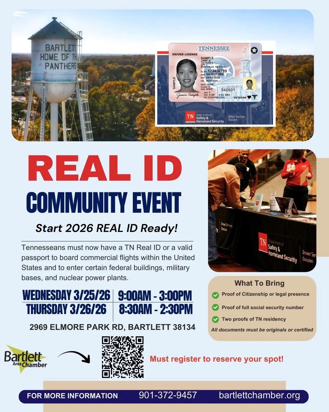 The Real ID Event has been rescheduled for TWO DAYS: March 25-26!  Scan the QR code or go to our website to sign up.  You must sign up in order to attend.  Go to our website for details on what to bring and registering.

Join us to get your Real ID M