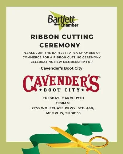 Step right in, Bartlett! 👢✨ We're cuttin' the ribbon and rolling out the welcome mat for Cavender's Boot City as they join the Bartlett Area Chamber of Commerce! Come celebrate with us Tuesday, March 17th at 11:30AM. 
📍 6753 Wolfchase Pkwy, Suite 4