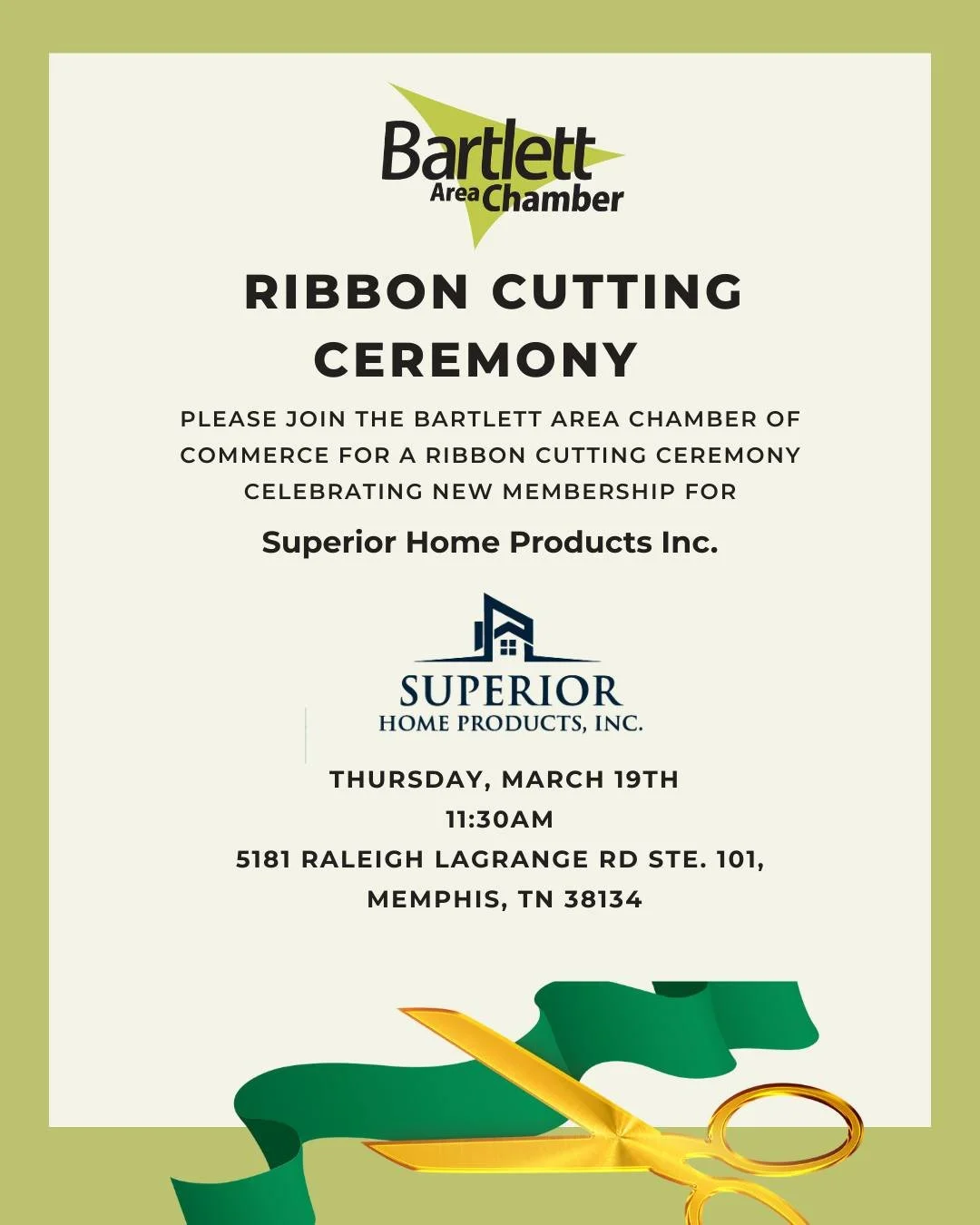 Looking for a reason to get out, support local, and make new connections? Join us in welcoming Superior Home Products! ✂️🎉

Thursday, March 19 at 11:30am
5181 Raleigh LaGrange Rd, Ste. 101
Memphis, TN 38134