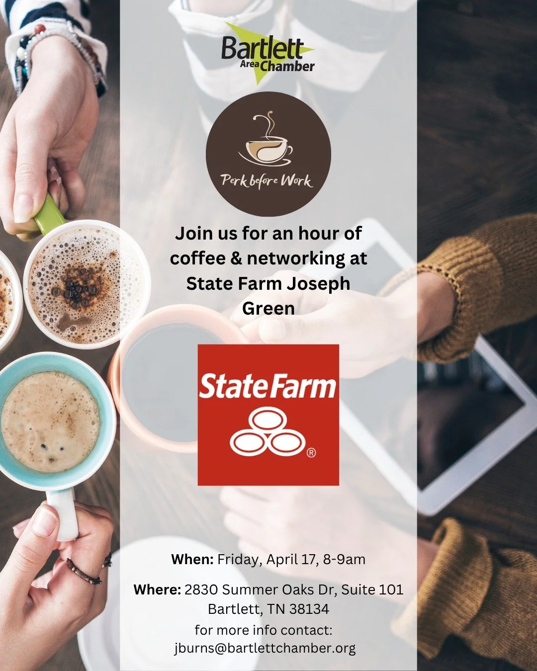 Join us for a special Perk Before Work and Ribbon Cutting at State Farm Joseph Green!  Come by for coffee, pastries, and networking Friday, April 17.