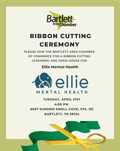 Looking for a reason to get out, support local, and make new connections? Join us in welcoming Ellie Mental Health!

Tuesday, April 21 at 4:00pm
6637 Summer Knoll Cove, Ste. 101
Bartlett, TN 38134