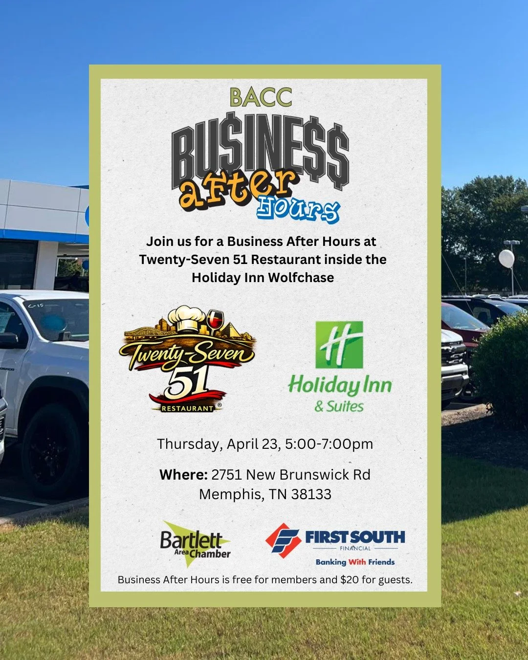 Our next Business After Hours is at Twenty-Seven 51 Bar and Restaurant inside the Holiday Inn Wolfchase! This event is FREE for Members and $20 for guests. There will be complimentary drink tickets and small bites.

Thursday, April 23
Business After 