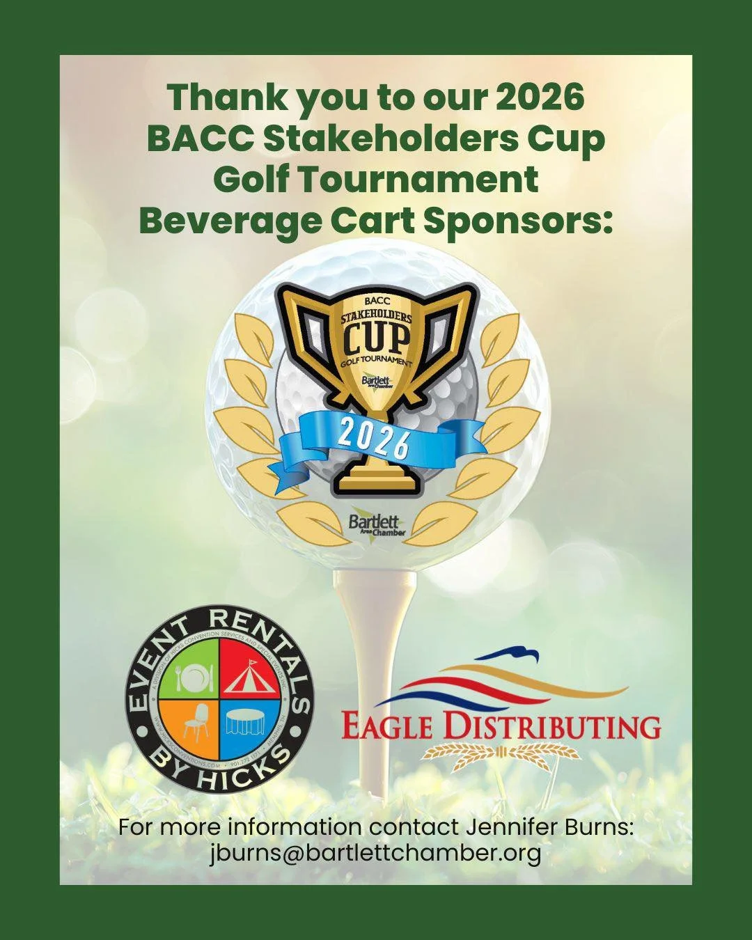 Thank you to our 2026 BACC First South Financial Stakeholder&rsquo;s Cup Golf Tournament Beverage Cart Sponsors, Eagle Distributing and Event Rentals by Hicks. 

Eagle Distributing Company - Memphis
Event Rentals by Hicks
