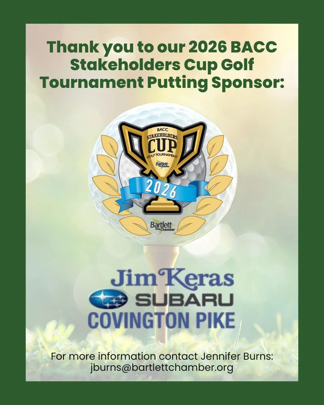 Thank you to our 2026 BACC First South Financial Stakeholder&rsquo;s Cup Golf Tournament Putting Sponsor, Jim Keras Subaru. @subarumemphiscp