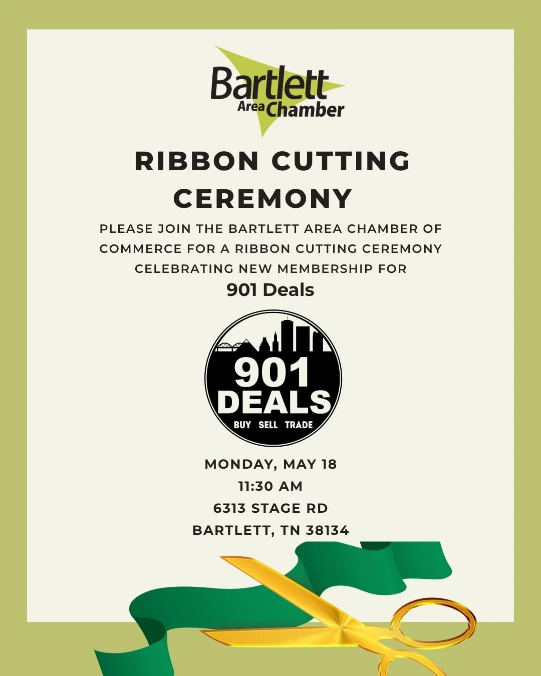 Join us Monday, May 18th at 11:30am for a ribbon cutting ceremony to welcome 901 Deals as a new member! @901_deals