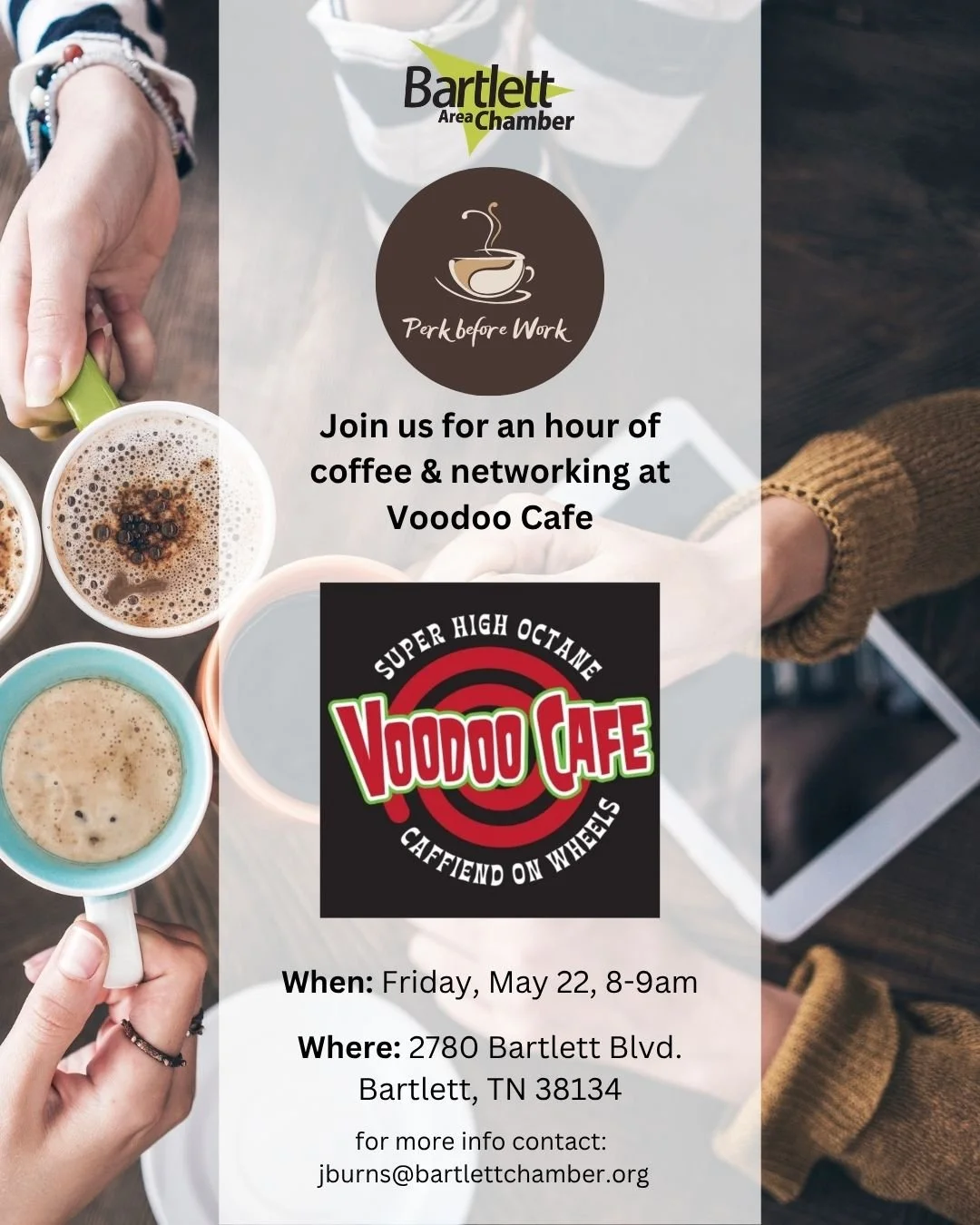 Don't forget to join us tomorrow morning from 8-9 at Voodoo Cafe for an hour of networking. We can't wait to see you there!