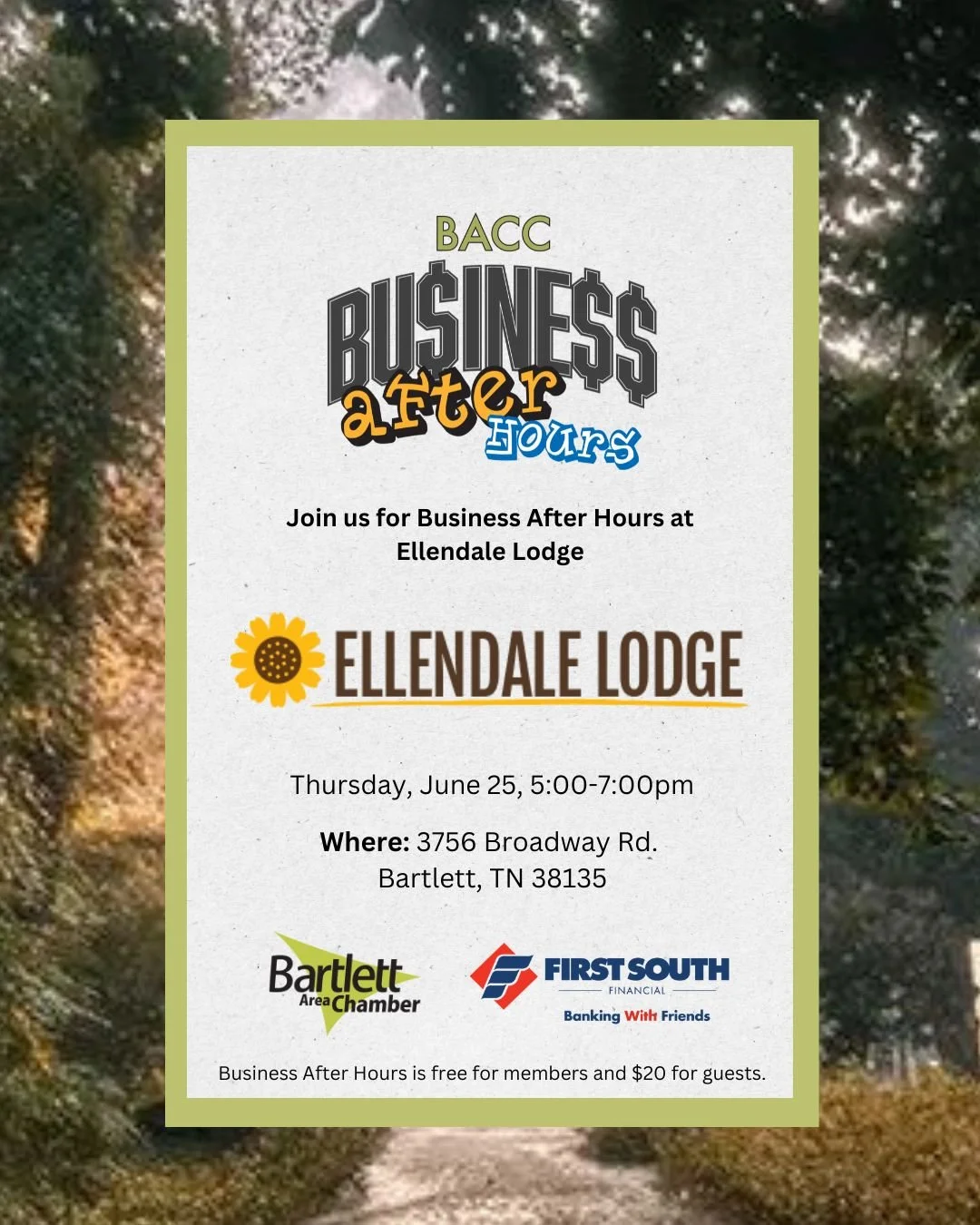 Our next Business After Hours is at Ellendale Lodge! This event is FREE for Members and $20 for guests. Come out and enjoy networking with other local businesses. There will be complimentary drink tickets and small bites.

Thursday, June 25
5:00pm&nd