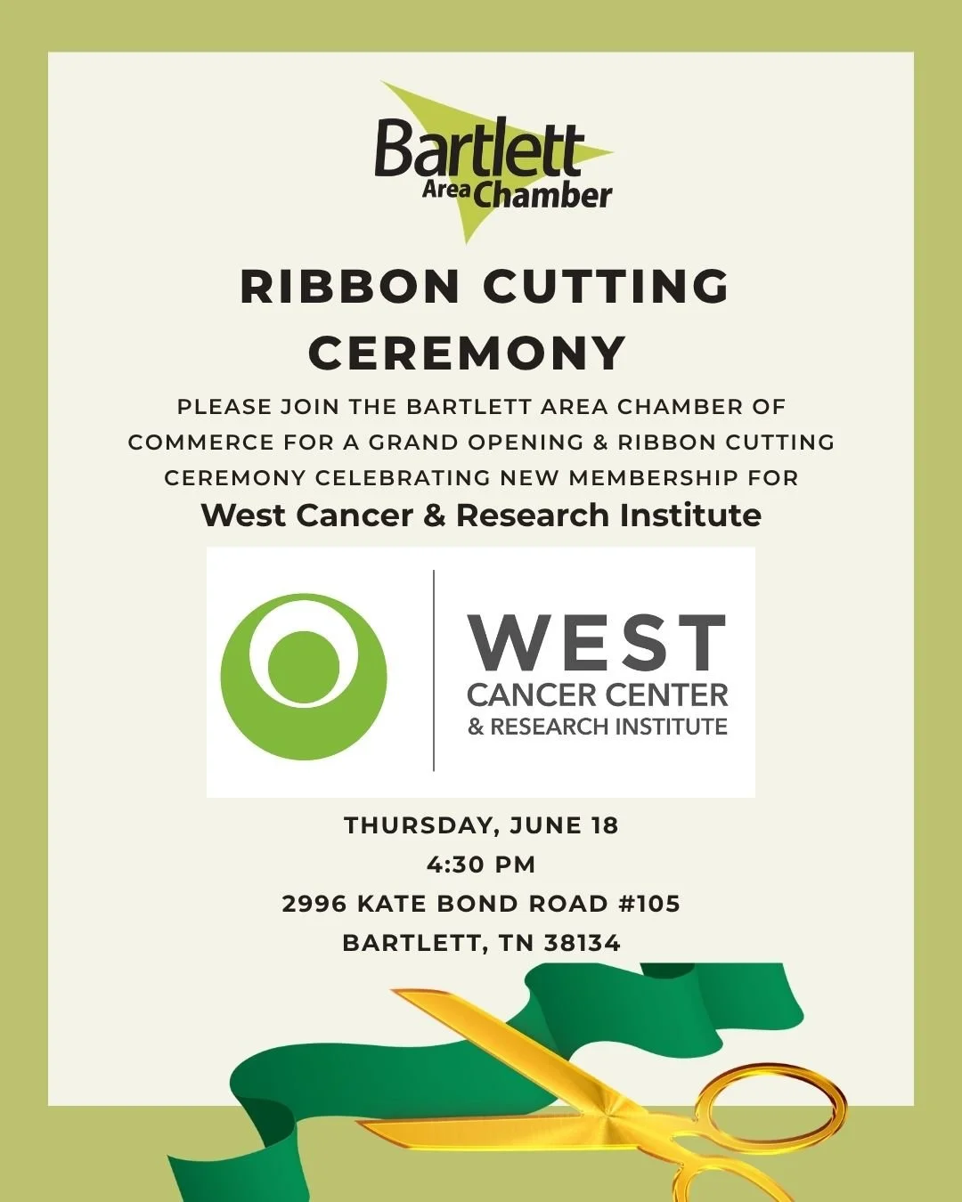 Join us Thursday, June 18th at 4:30pm for a grand opening and ribbon cutting ceremony for West Cancer &amp; Research Institute! 
@westcancer