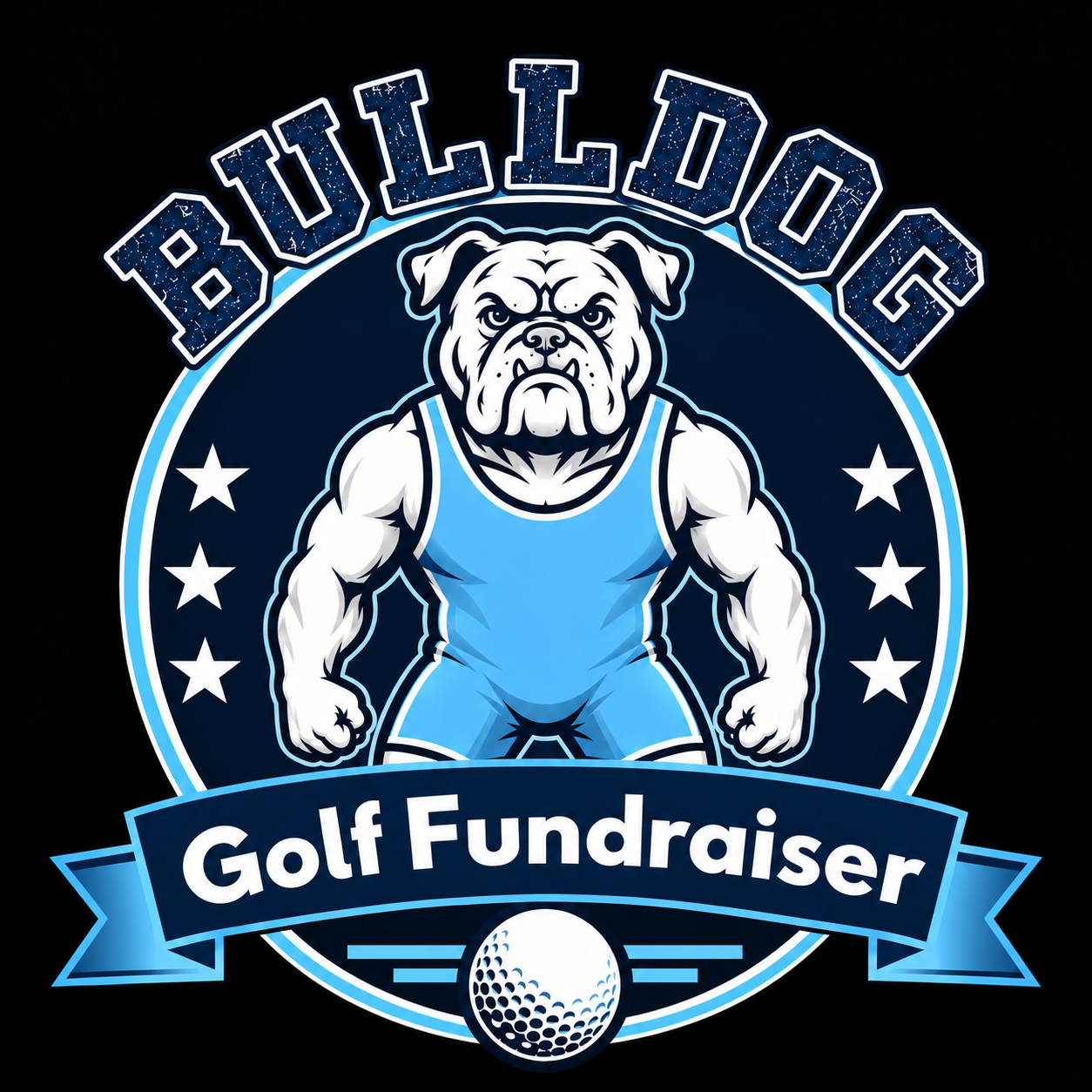 A logo featuring a muscular bulldog in a blue athletic outfit, with the words 'BULLDOG' arched above and 'Golf Fundraiser' on a banner below, with a golf ball at the bottom.