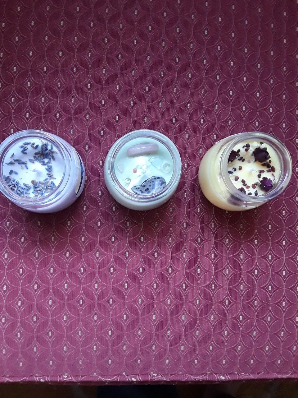 Lavender, Crystal and Rose petal candles shown 7 oz.