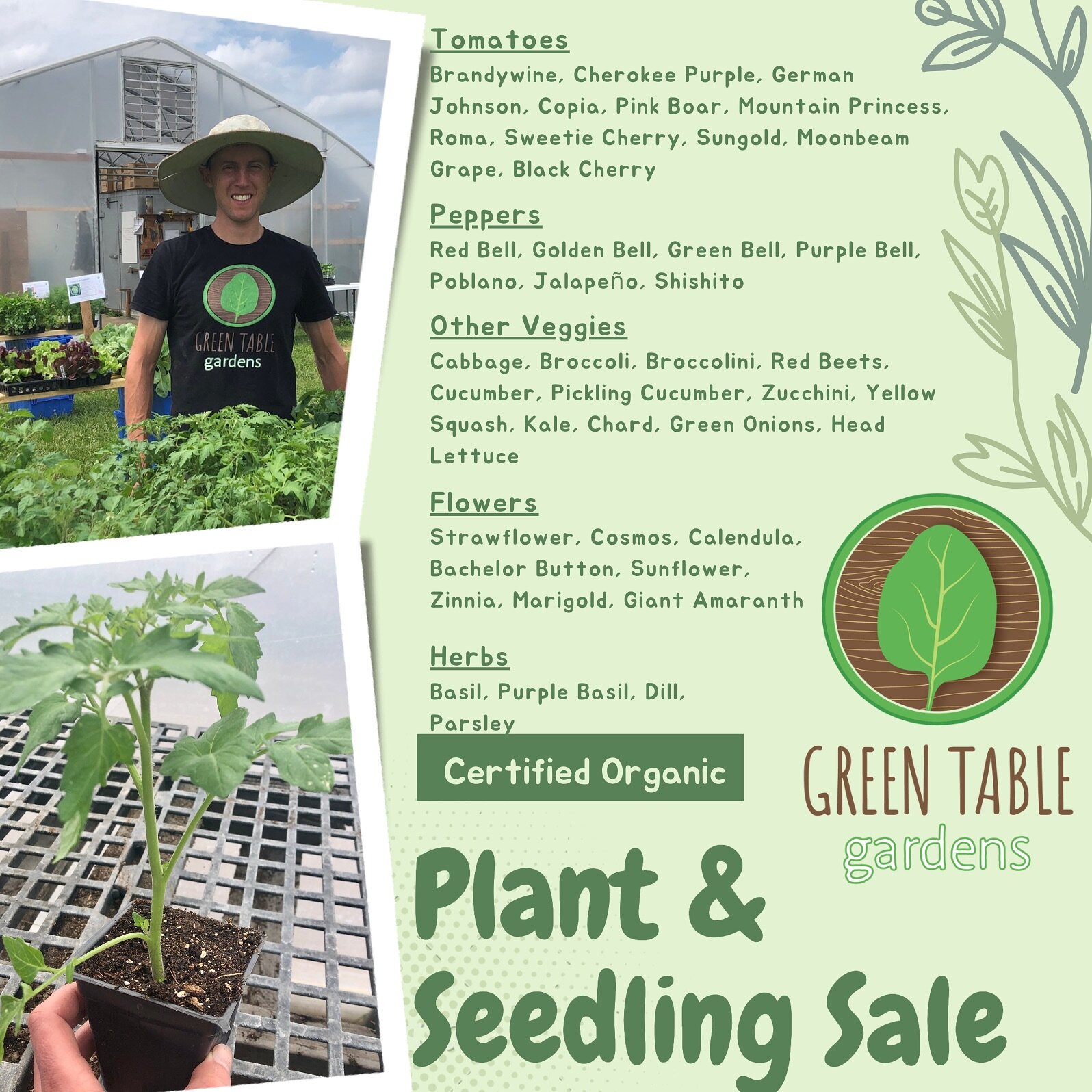 Plant Sale is coming! Hope you can come out this year - May 3rd 2-6. May 4th 9-3. May 11th 9-3. 

We have thousands of organic tomatoes, peppers, cucumbers, squash, melons, greens, veggies, flowers, and herbs. 
🌶️🫑🥦🥒🍅🌱🌻🌸💐🌿🪴🧅

Full list an