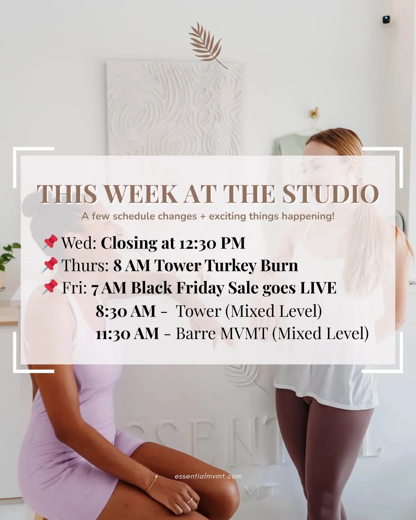 Sharing our schedule for this week so you can plan ahead. ❤️
Even with a busy Thanksgiving week ahead, we hope you can still make time to move with us. 

With limited classes this week, book your classes early! We&rsquo;re excited to see you in the s