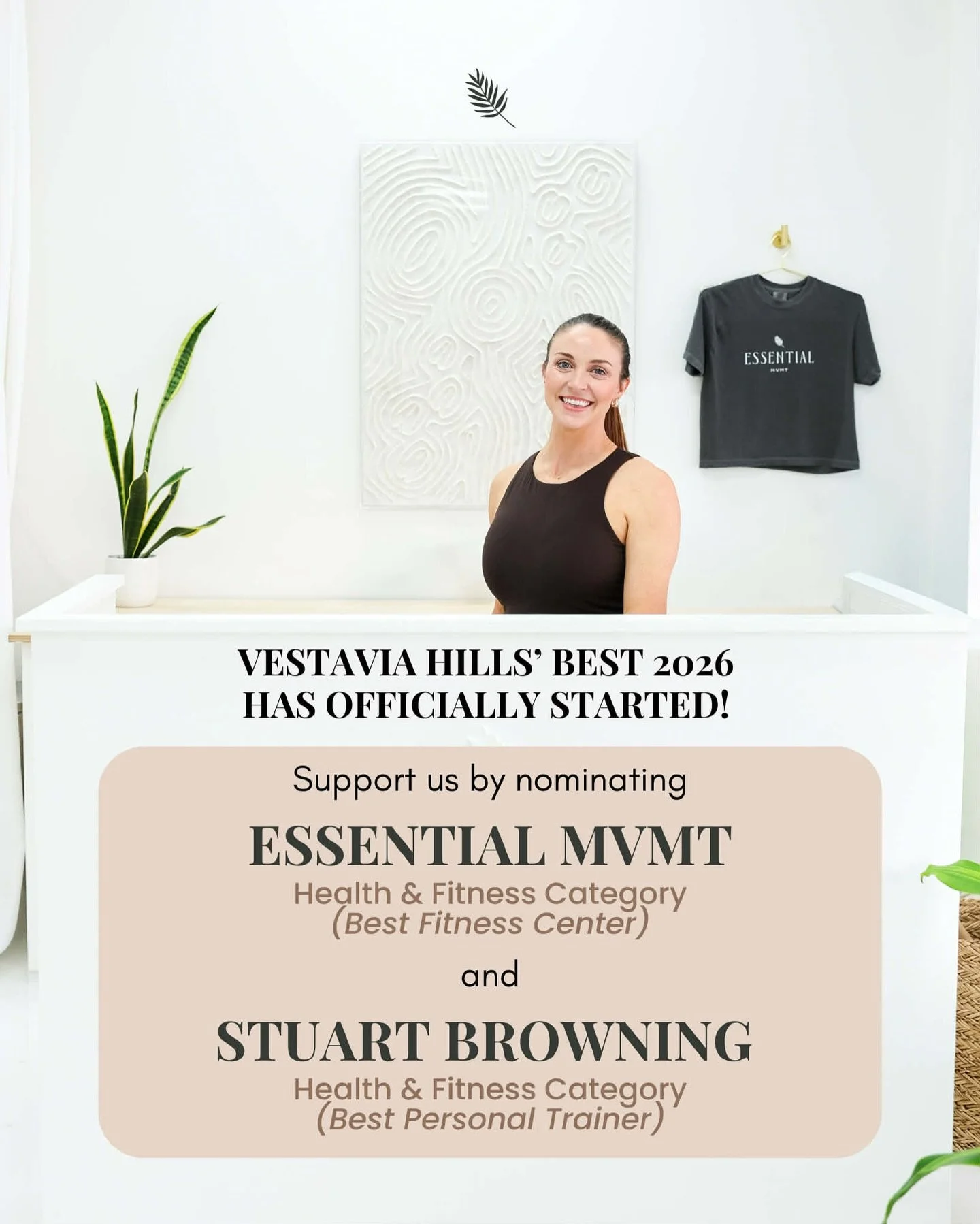 Vestavia Hills&rsquo; Best 2026 nominations are open 🤍

We would truly appreciate your support by nominating Essential MVMT for Best Fitness Center and Stuart Browning for Best Personal Trainer.

As a small, locally owned studio, recognition like th
