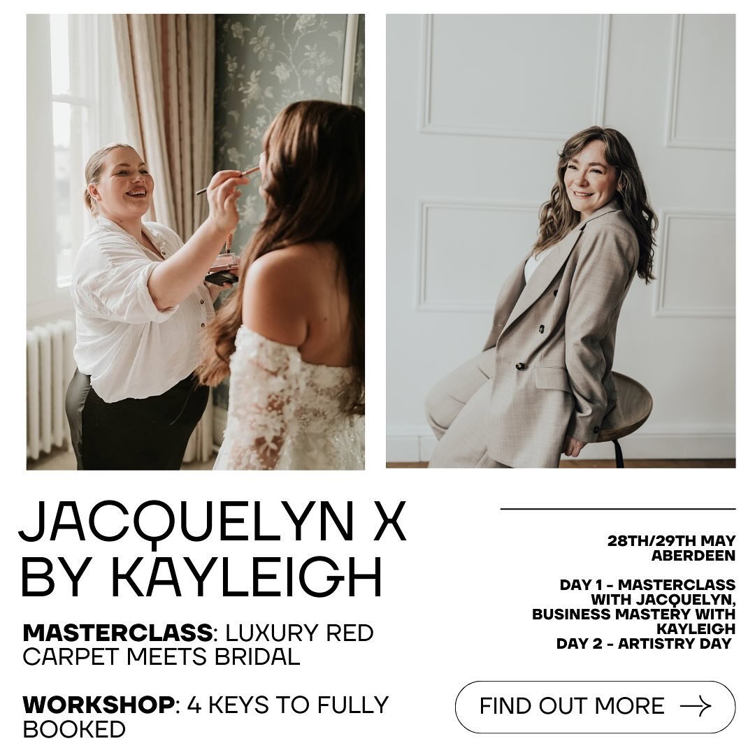 ONLY 4 WEEKS UNTIL THE SCOTTISH MASTERCLASS IS HERE 🚨 

We&rsquo;re going to have the BEST two days in Scotland with @jacquelynmcpheemakeup delivering a gorgeous masterclass AND my newest workshop that will get you booooked up! 

You haven&rsquo;t g