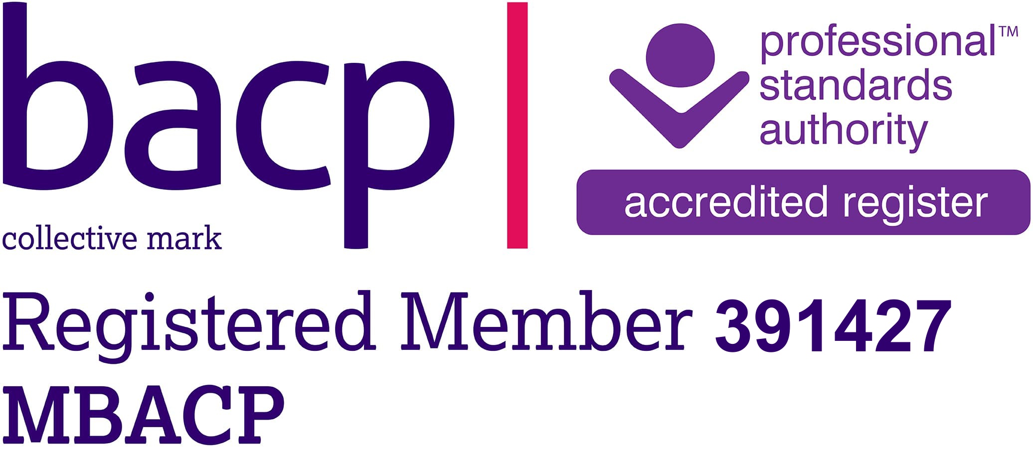 A certification badge for a professional organization. It features the text 'bap' in large purple letters, with the words 'collective mark' underneath. It also states 'professional standards authority' and 'accredited register' with a purple checkmark logo. Below, it has information about a registered member with a number and areas of expertise including MBA and MACP.