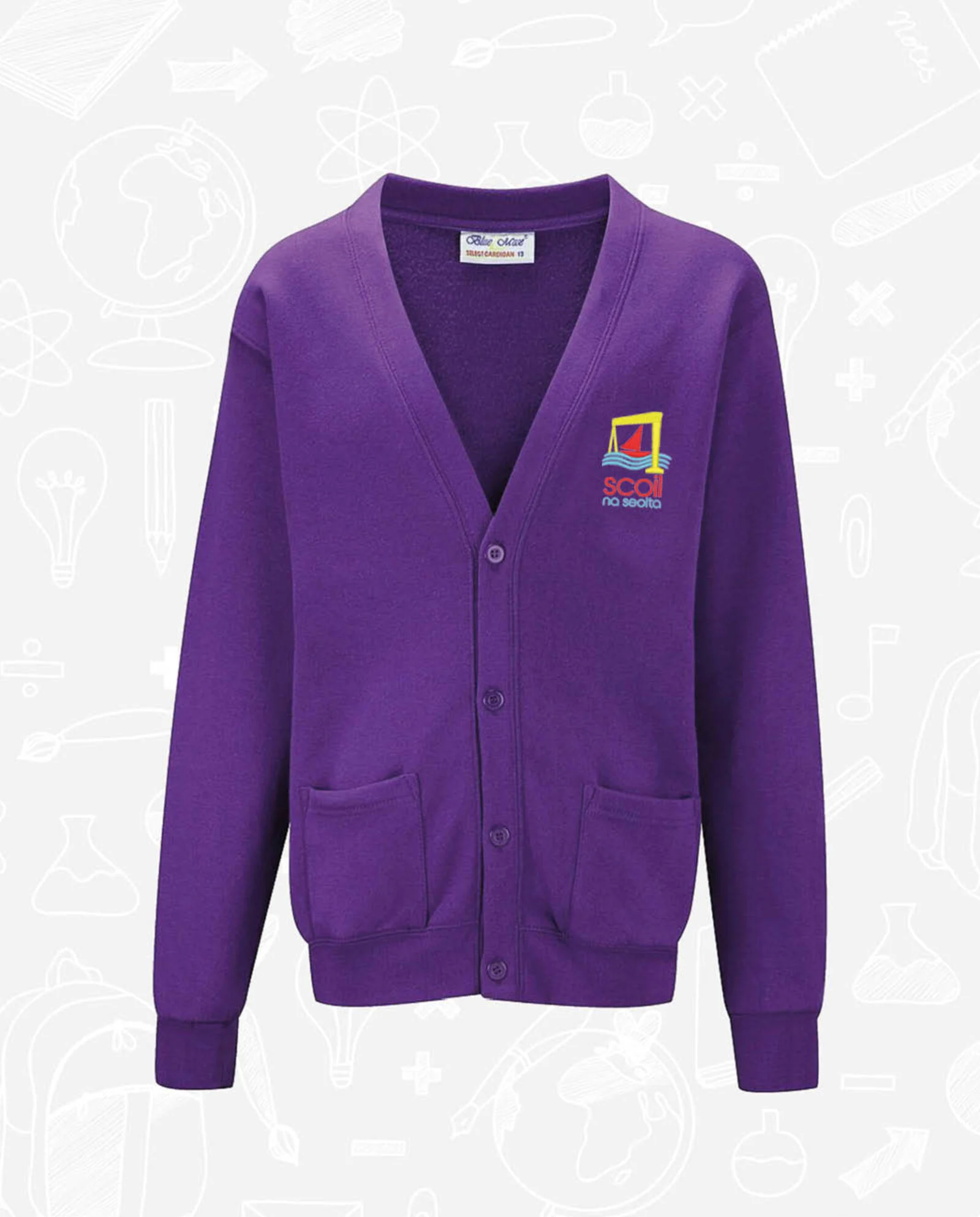 Purple cardigan with ��ɫ��Ƶ logo on left breast