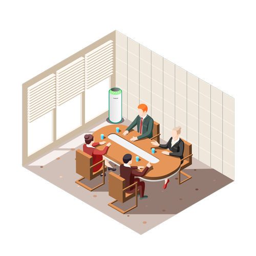 Illustration of a meeting room with one MedicAir air purifier in the corner by the windows