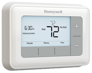 Honeywell T5 7-Day Programmable thermostat showing the heat setting and schedule