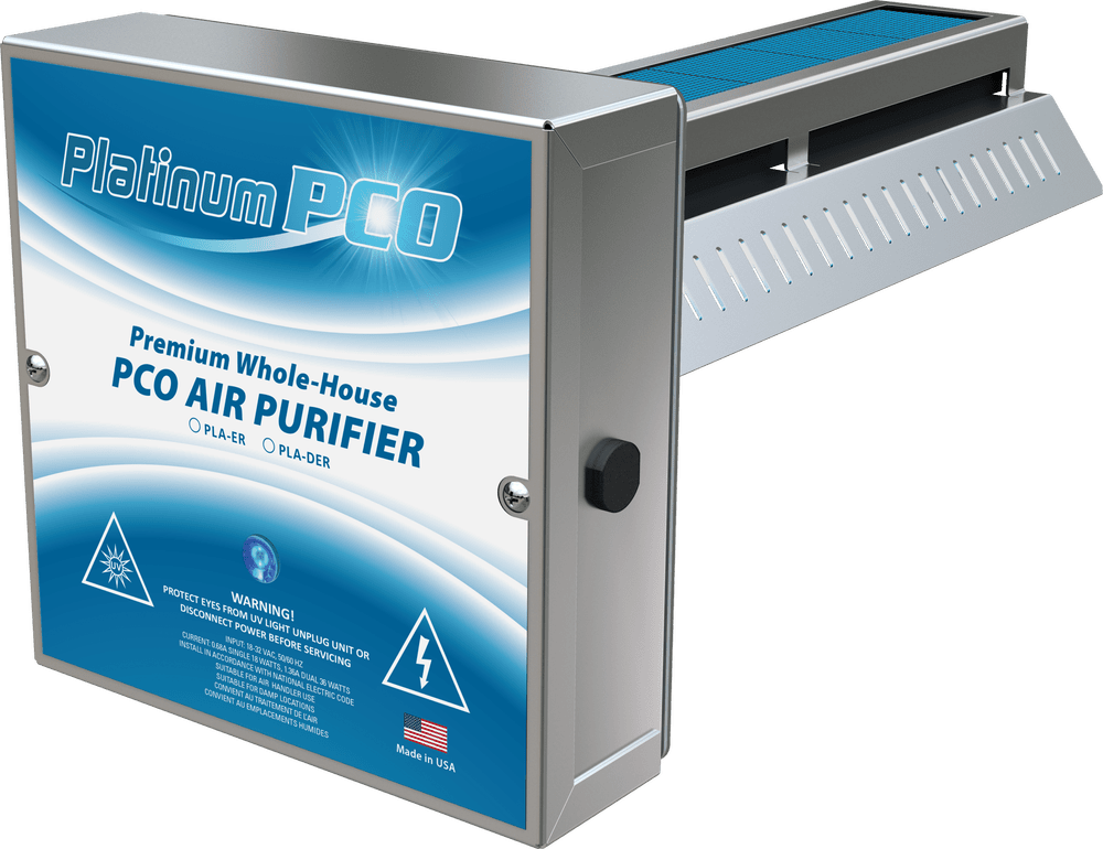 Platinum PCO whole-house air purifier: the duct-mounted unit with its blue Platinum PCO label and the PCO cell housing behind it