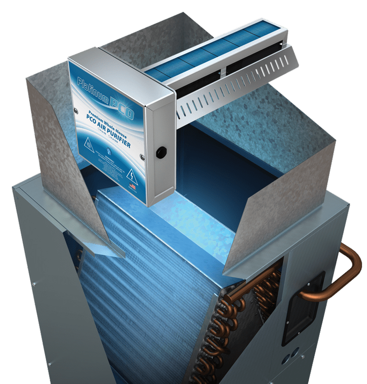 Illustration of a Platinum PCO mounted on the ductwork directly above an air conditioner's cooling coil