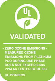 UL Validated badge: zero ozone emissions from the Platinum PCO, tested by UL 867