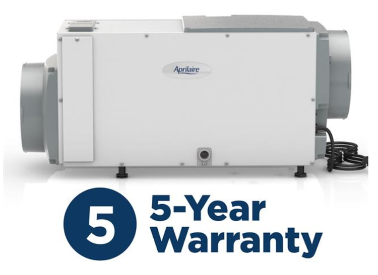 Aprilaire whole-home dehumidifier with a 5-year warranty badge