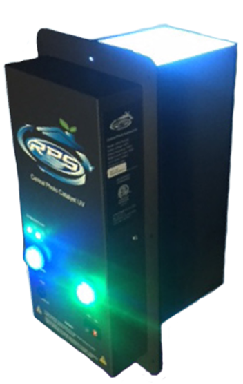 RPS PUV duct-mounted air purifier with its UV-C lamp lit