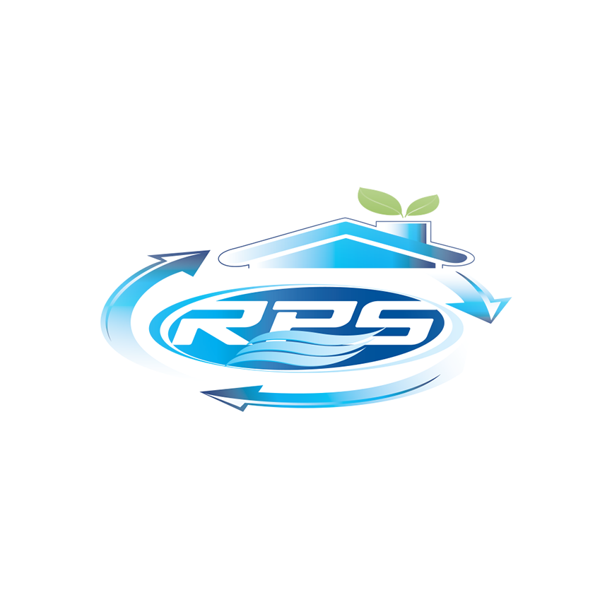 Logo with blue water ripples, a house with a green plant on the roof, and the letters RPS.