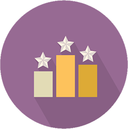 A purple circle background with a bar chart featuring three vertical bars of different heights, topped with three white stars.