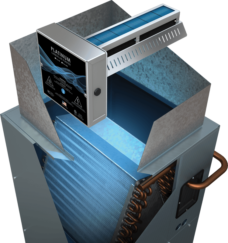 Cutaway illustration of a Platinum Carbon UV mounted on the ductwork above an air conditioner coil