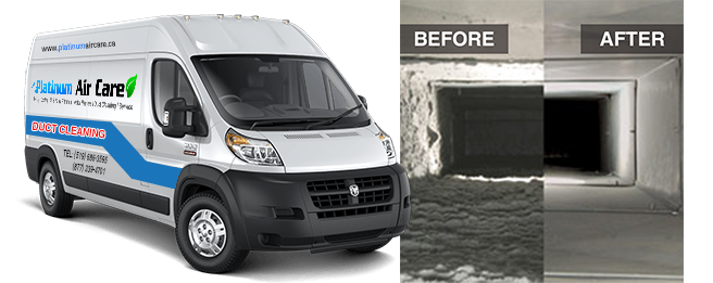 Platinum Air Care duct cleaning van beside a before and after photo of the same air duct.