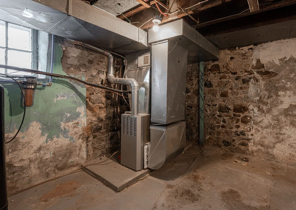 Exposed furnace ductwork in an unfinished basement