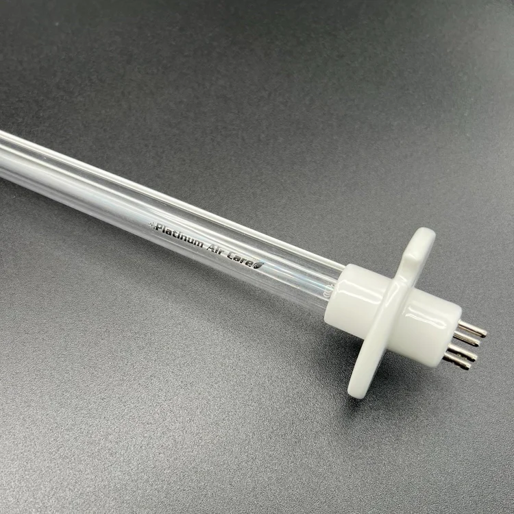 Platinum PCO replacement UV-C lamp with Platinum Air Care printed on the glass and a white four-pin base