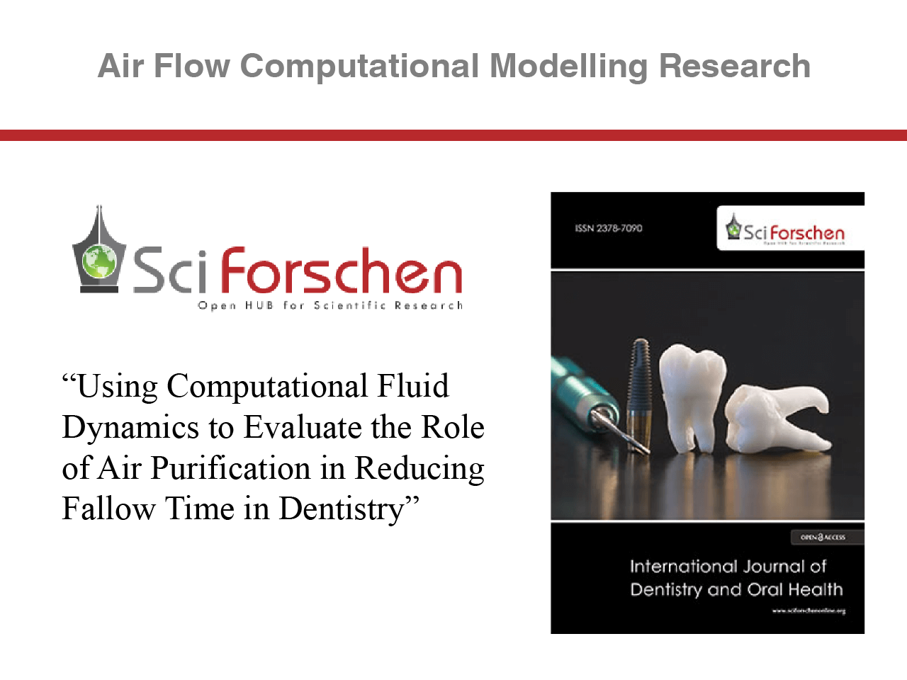 Cover page of a scientific journal article titled "Using Computational Fluid Dynamics to Evaluate the Role of Air Purification in Reducing Fallow Time in Dentistry" published in the International Journal of Dentistry and Oral Health, with an image of dental tools and teeth models on the right side.