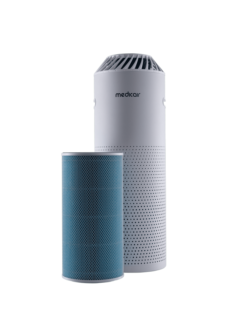 White MedicAir air purifier standing behind its teal replacement filter