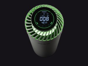 MedicAir portable air purifier seen from above, its control display lit