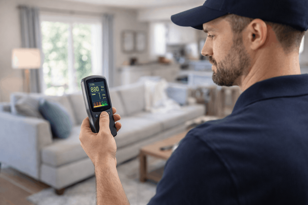 Technician in a navy uniform reading an air quality meter in a living room