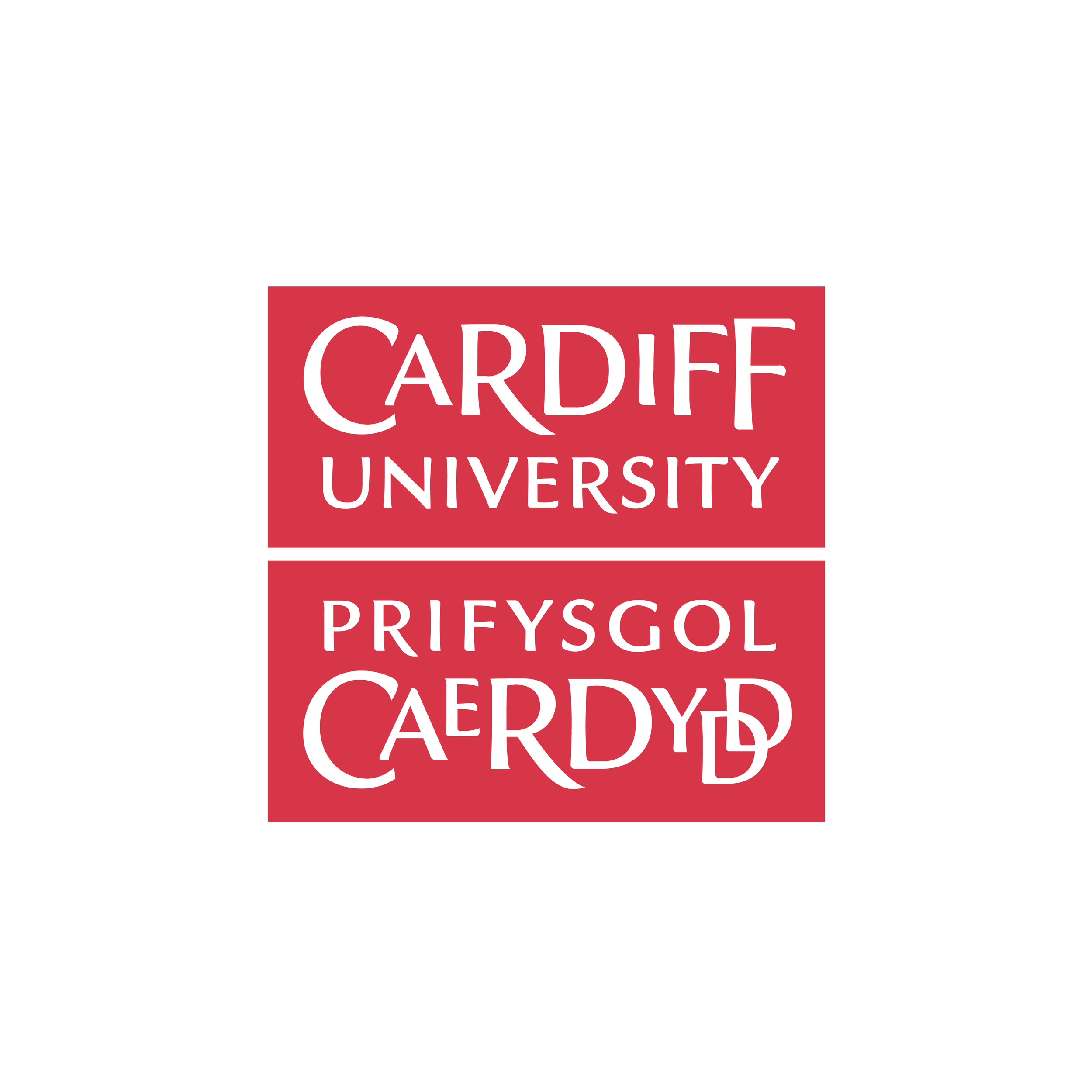 Logo of Cardiff University with the university name in white text on red backgrounds, presented twice with a white dividing line in the middle.