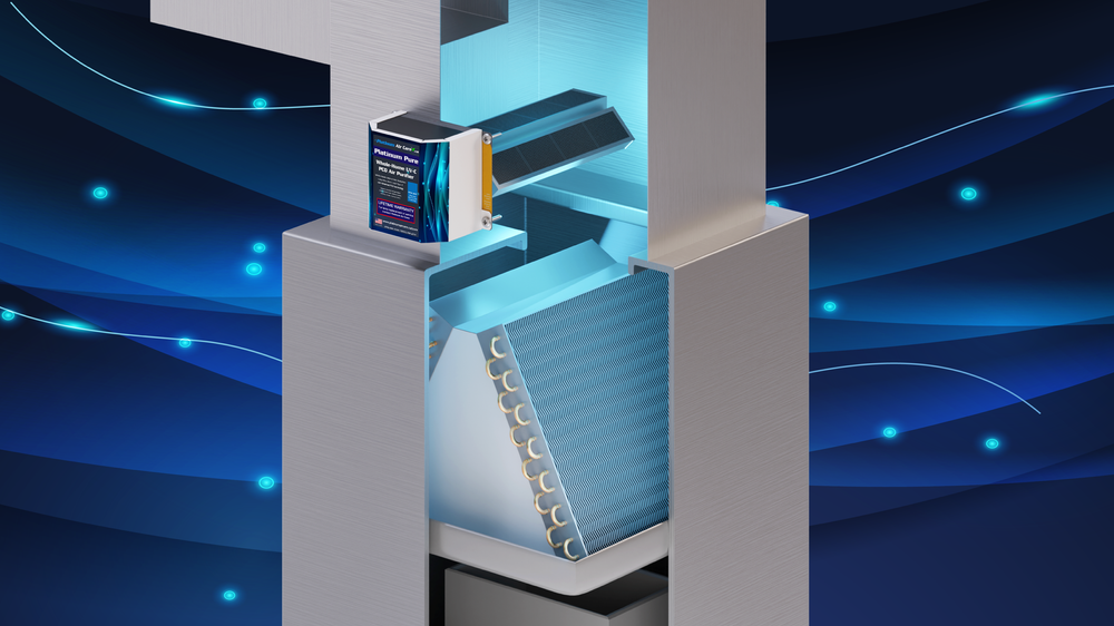 Illustration of a Platinum PURE UV air purifier mounted in the ductwork above a furnace A-coil