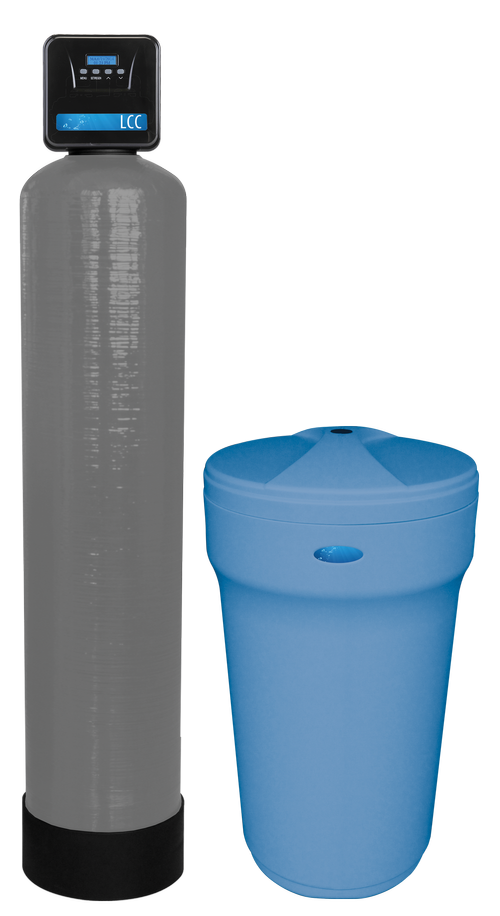 The Large Capacity Conditioning System (LCC): a tall gray tank with a digital control valve and a blue brine tank