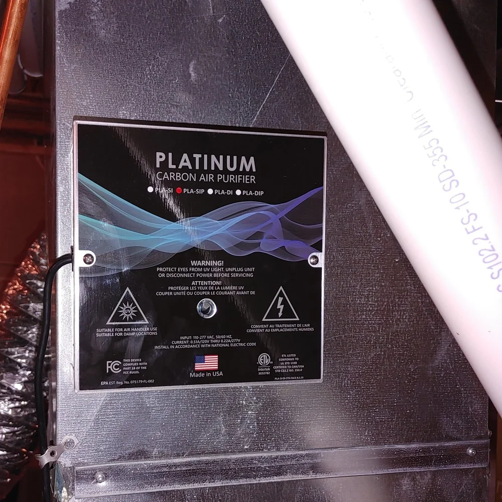 Platinum Carbon UV air purifier installed on a home's ductwork