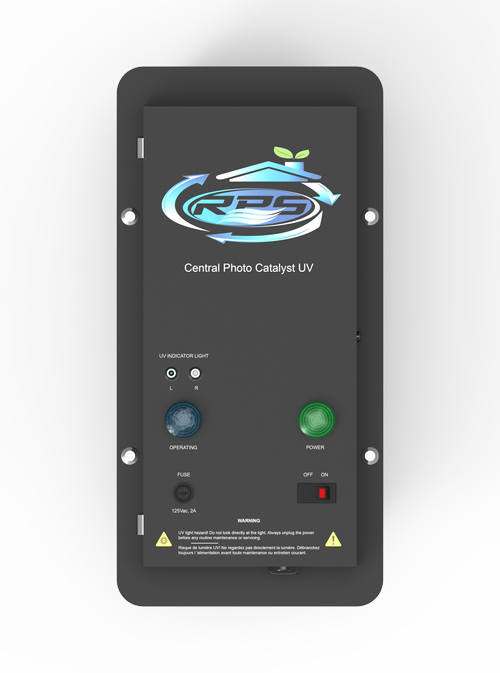 RPS PUV control panel showing the RPS logo, the words Central Photo Catalyst UV, the L and R UV indicator lights, and the blue OPERATING and green POWER lights