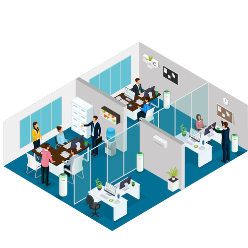 Illustration of an open-plan office with several MedicAir air purifiers between the desks and glass meeting rooms