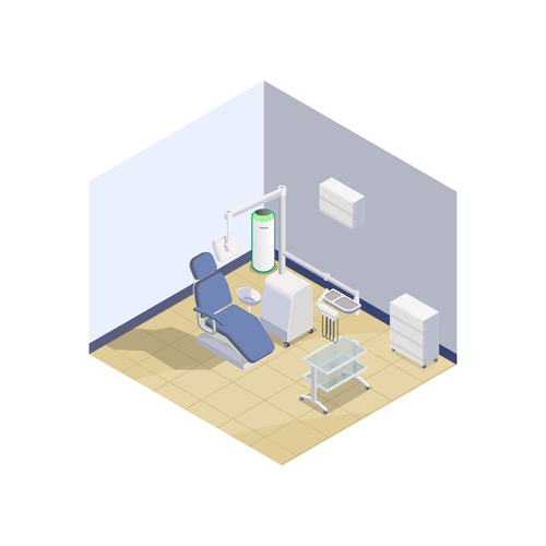 Illustration of a dental treatment room with a MedicAir air purifier standing beside the dental chair