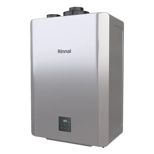 Rinnai Sensei RX wall-mounted tankless water heater with its digital temperature display