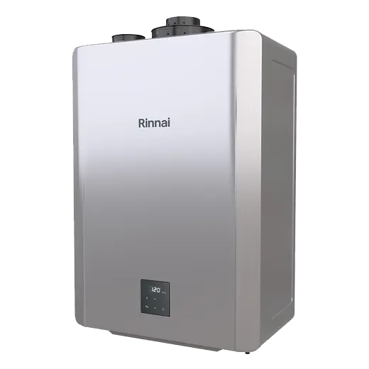 Rinnai Sensei RX wall-mounted tankless water heater with its digital temperature display