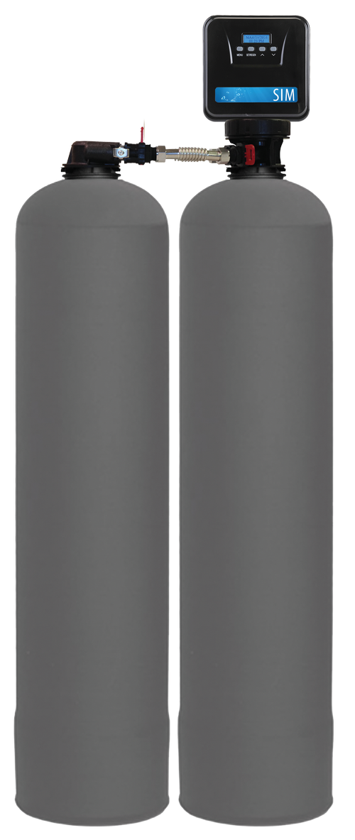 The Sulfur, Iron & Manganese Removal System (SIM): two tall gray tanks with a digital control valve