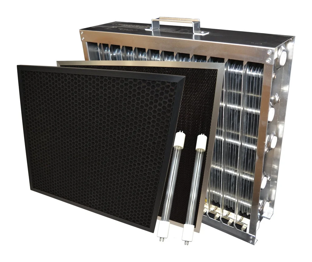 RespirAide replacement parts: activated carbon filter, pre-filter, two UV bulbs, and the electronic cell
